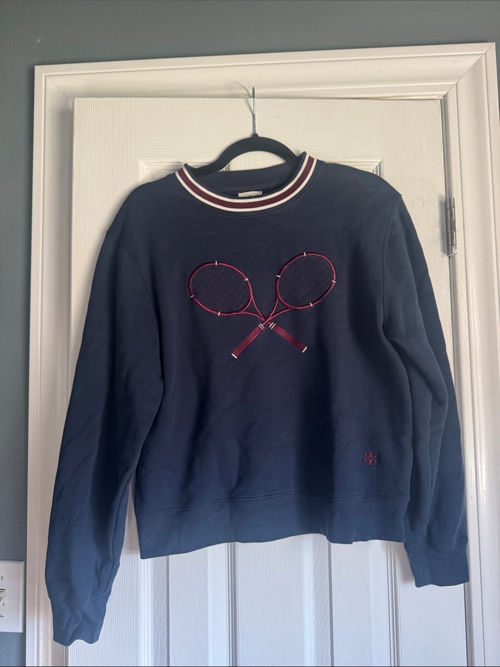 Tory Sport Navy Sweatshirt with Burgundy and White Striped Neck